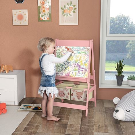 Staffelaie 3-en-1 pour enfant avec rouleau de papier, tableau noir, tableau blanc, paniers de rangement, 54 x 46,5 x 93 cm, rose (1/5)