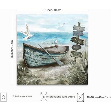 Affiche Toile - Mouette Bateau Plage - Décoration Murale Rustique Bleu Océan - 40 x 40 cm - Sans Cadre (1/5)