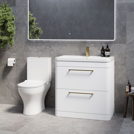 Oslo Gloss White 1350mm Vanity and Jubilee Toilet Suite with Leni Basin - 1350mm - Brushed Brass 320mm Handle