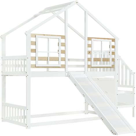 Litera infantil 90x200 cm con tobogán, escalera y ventana, blanco (1/5)