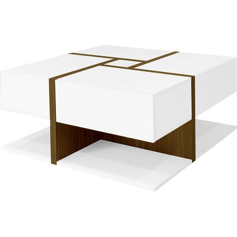 Tavolino da caffè quadrato lucido con 4 cassetti, bianco e effetto legno, 78 x 78 x 34,8 cm (1/5)