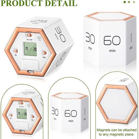Minuterie d'horloge numérique hexagonale, Cubes magnétiques, retournement de cuisine pour étudier les exercices de cuisine, minuterie de mise au point facile à utiliser (1/5)