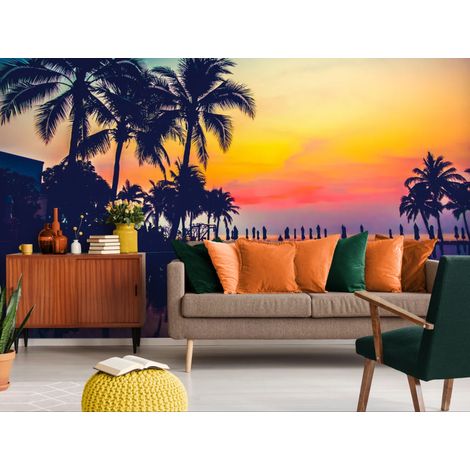 papier peint tropical – palmiers et coucher de soleil - 150 x 250 cm (1/2)
