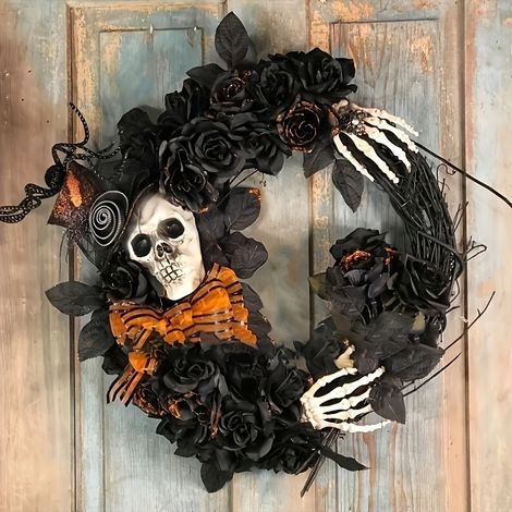 Couronne d'Halloween avec crâne et fleurs artificielles - Décoration de Noël