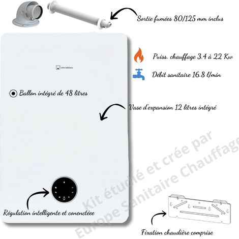 Elm Leblanc – Chaudière gaz à condensation 22 kW – Ballon 48 L – Rendement 109,6 % – Ventouse et fixation incluses – Confort sanitaire 3 étoiles