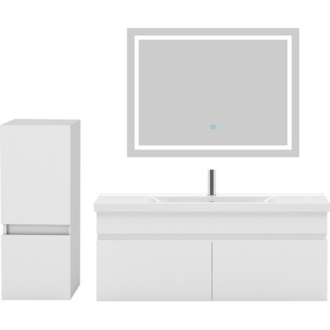 Ensemble meuble de salle de bain 100cm, vasque céramique + colonne bas + LED miroir, blanc