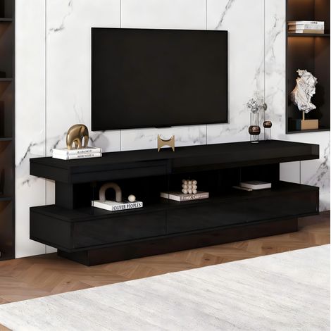 Meuble TV 160 cm noir, 3 étagères en verre, LED Bluetooth, pour TV jusqu'à 70 pouces DESVIAE (1/5)