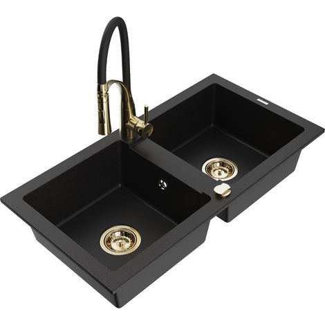 Mexen Mario lavello in granito a 2 vasche con rubinetto da cucina Aster, nero - 6504-77-73450-57-G (1/5)
