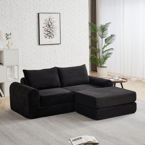 Canapé Modulaire 2 Places en Velours Côtelé – Accoudoirs Courbes Design, Convertible avec Pouf Amovible et 2 Coussins – Configuration Flexible, Noir