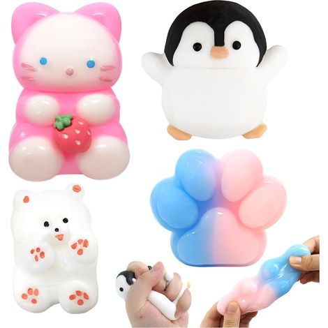 Set di 4 giocattoli squishy Taba: pinguino, coniglio, cucciolo, gatto carino e zampa. Morbidi giocattoli antistress, ideali per alleviare lo stress, perfetti come regalo di compleanno o di Natale. (1/5)