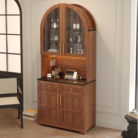 Buffet haut 180 cm avec vitrine, LED pilotée par application, prises intégrées et USB, MDF noyer (1/5)
