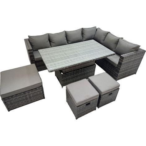 Fimous 9 Seater Rattan Height Adjustable Rising Lifting Table Corner Sofa Sets with 3 Footstools Dark Grey Mixed (1/5)
