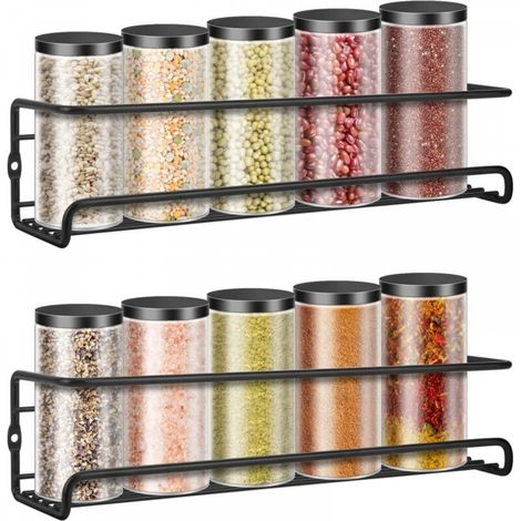 Étagère à épices murale pour cuisine, pour porte d'armoire de cuisine, à coller ou à percer, noire (lot de 2) (1/5)