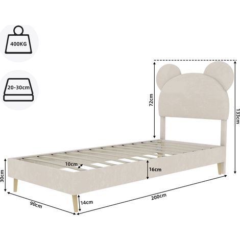 Lit moderne minimaliste rembourré 90×200cm beige,tête de lit cartoon moelleuse,base basse sans rangement ni élévateur gaz,lit simple sans matelas (1/5)