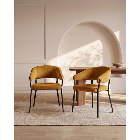 Lot de 6 chaises avec accoudoirs en tissu et métal noir - Jaune moutarde - AVRELA (1/4)