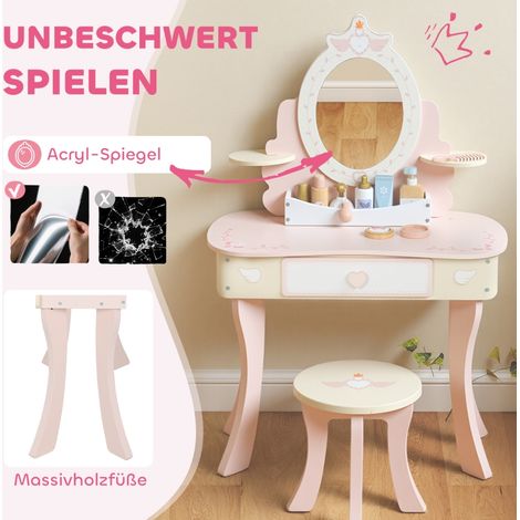 Table de maquillage enfant avec chaise, tiroir, miroir amovible, bureau 2-en-1, 7 accessoires inclus, panneaux MDF, teinte rose. (1/5)