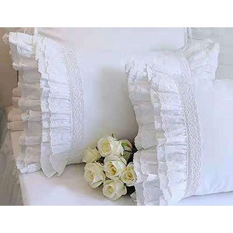 Pli Dentelle Taie d 'Oreiller en Coton Pur Pillowcases 50x75CM Lot de 2 Blanc Plissée Oreiller Couvre (1/5)