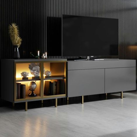 Meuble TV gris foncé et doré 2 portes 1 niche LED AURA (1/5)