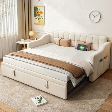 Sofá cama extensible de 90x190 a 180 cm con puertos USB y bolsillo, terciopelo beige DESVIAE (1/5)