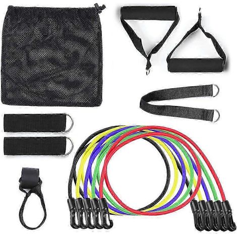 Ensemble de 11 bandes de résistance pour l'entraînement à domicile et en voyage : élastiques tubulaires, sangles de cheville et ancrage de porte inclus, poignées rembourrées. Idéal pour la salle de sp (1/5)