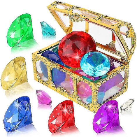 Jeu de chasse au trésor pour enfants : 10 gros diamants colorés, coffre au trésor de pirate, pierres précieuses acryliques, idéal pour la piscine en été. (1/5)