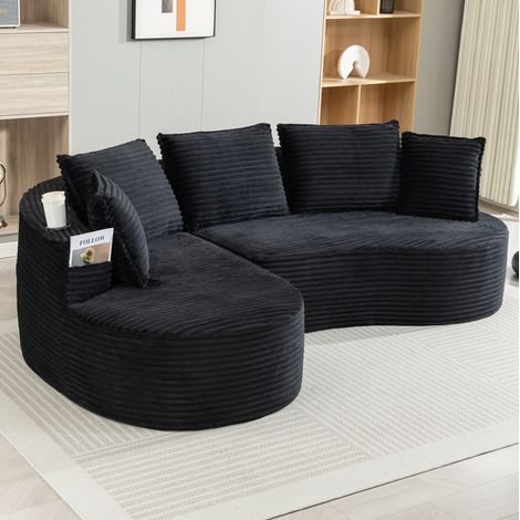 Sofa 250x152x82 cm Schwarz Cord mit Bogendesign, Getränkehaltern und Seitentaschen (1/5)