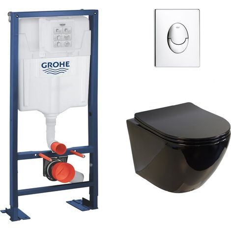 Pack WC Grohe Rapid SL + Cuvette sans bride KELOS Noir Brillant + Plaque Skate Air Chromé (1/5)