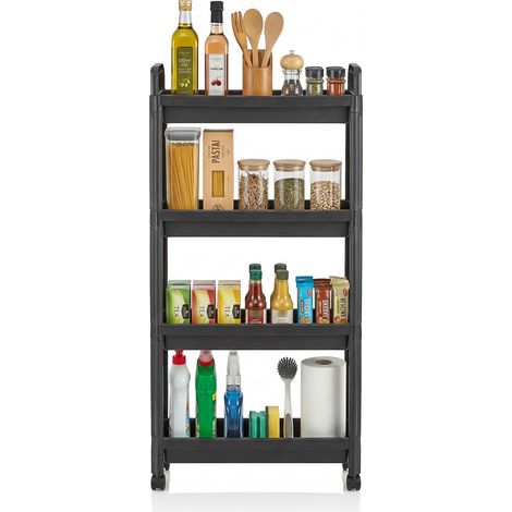 Chariot de Rangement à Roulettes, Organisateur de Salle de Bain 3/4 Niveaux avec Poignées, Chariot Multifonction Unité d'Étagères mobile Étroite pour