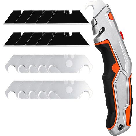 Cutter de Sécurité à Lame Rétractable en Aluminium, Rangement Intégré, Lames Trapézoïdales Noires et Lames à Crochet, Cutter Ouverture Carton, 170 mm (1/5)