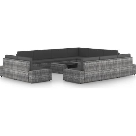12-tlg. Garten-Lounge-Set mit Kissen Grau Poly Rattan