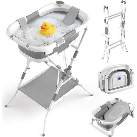 Relaxdays Foldable Baby Bath with Stand & Cushion, HxWxD 20.5 x 65 x 45.5 cm, up to 40 kg, white/grey (1/5)