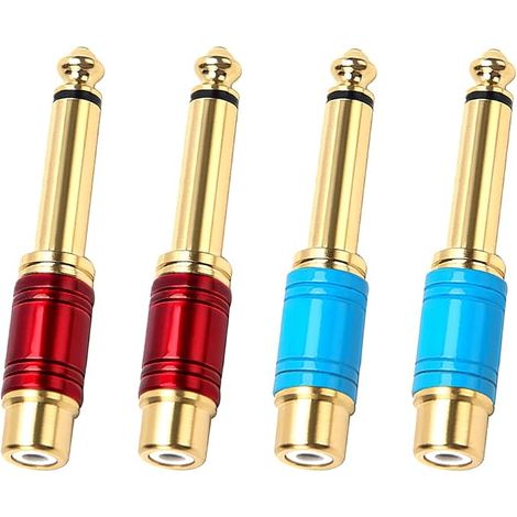 4 Pieces 6.3mm 1/4 Inch Male Mono TS to RCA Female Interconnect Audio Adapter, RCA Female to 6.4mm Male Mono Adapter, Red and Blue (1/5)