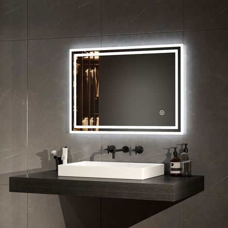 EMKE Espejo de baño con luz, Espejo de baño con diseño de tira de luz doble, 70 x 50 cm Luz Blanca Fria 6500K + Interruptor Táctil + Antivaho (1/5)