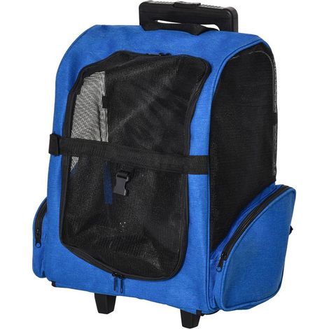 TRASPORTINO ZAINO 2 IN 1 PER CANI E GATTI CON TASCHE E MANIGLIA TELESCOPICA. 42X25X55CM. BLU (1/5)