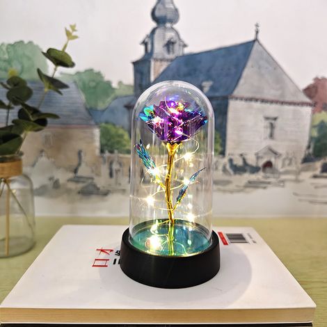 Cadeau d'anniversaire : Roses stabilisées sous film plastique avec feuille d'or (roses dorées et violettes + lumière chaude + socle) (1/5)