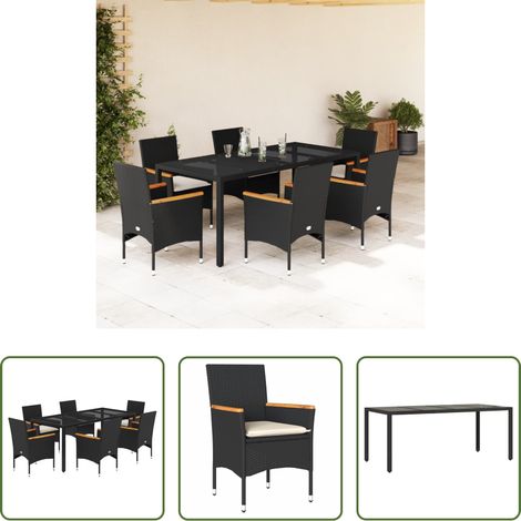 vidaXL Set comedor jardín 7 pzas cojines ratán sintético vidrio negro (1/5)