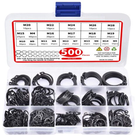 Jeu de 500 circlips métalliques, 20 types de circlips de type E (Φ4/5/6/7/8/9/10/11/12/13/14/15/16/17/18/19/20/22/24/26/28 mm) pour fixation interne et externe (1/5)