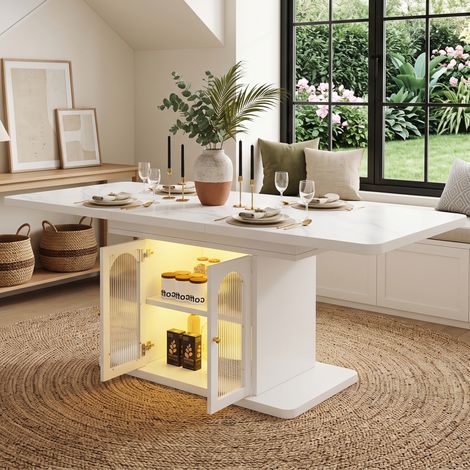 Mesa de comedor extensible de 150/200x80 cm con espacio de almacenamiento e iluminación LED, con capacidad para 6 a 8 personas, estilo escandinavo, MDF blanco (1/5)