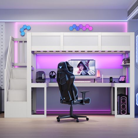 Lit mezzanine gaming 90x200 cm - bureau intégré - escalier avec rangements - éclairage LED et port USB - blanc (1/5)
