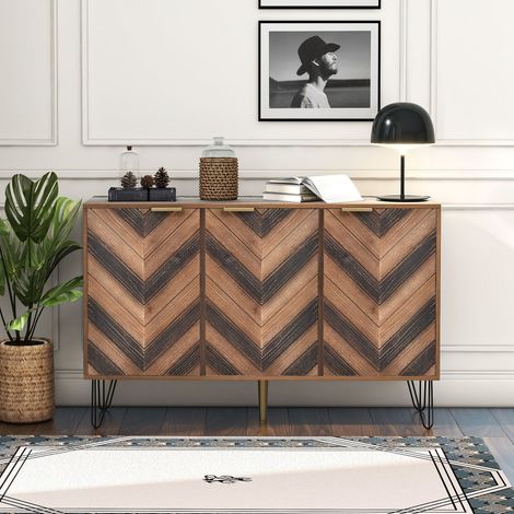Aparador – 120 x 38 x 76,5 cm – 3 puertas – Patas de hierro – Diseño moderno y elegante – Tableros aglomerados – Madera natural (1/5)