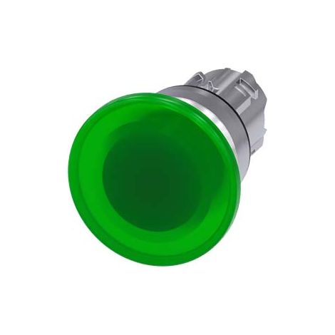 Pulsante a fungo luminoso, 22 mm, tondo, in metallo, lucido, verde, 40 mm, a contatto momentaneo, con etichettatura laser, maiuscolo