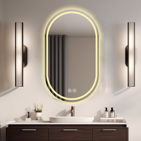 Miroir Ovale LED 60x100cm Sans Cadre Intelligent Anti-Buée Tactile Éclairage 3 Couleurs Miroir Salle de Bain