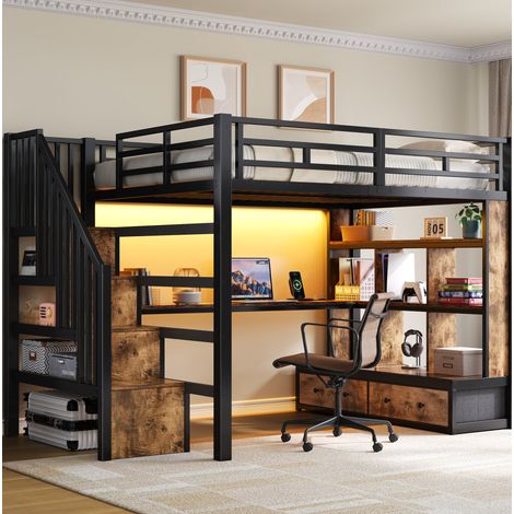 Cama alta moderna de metal y MDF negro 140x200 cm con escritorio, estantes, 2 cajones, escalera con almacenaje y LED