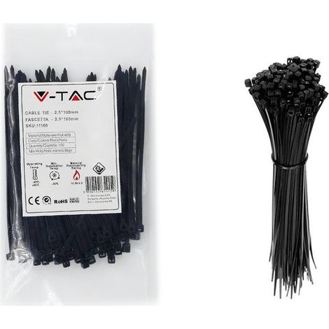 V-tac 100 fascette per cavi 2,5x100mm in nylon colore nero 11160
