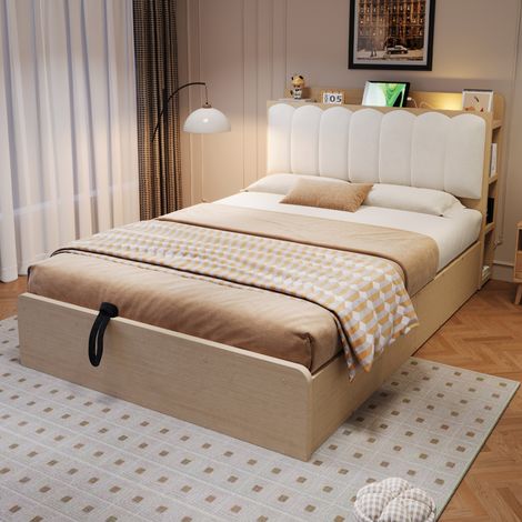 Lit en bois 140x200 cm, sommier hydraulique avec rangement, tête de lit rembourrée avec étagère et tiroir, port USB pour veilleuse, teinte bois naturel (1/5)