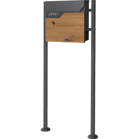 ECD Germany Standbriefkasten mit Zeitungsfach, Design Briefkasten mit Pfosten, Briefkastenanlage, Briefkastenständer Anthrazit Edelstahl pulverbeschichtet, Postkasten Anthrazit-Holzoptik Edelstahl