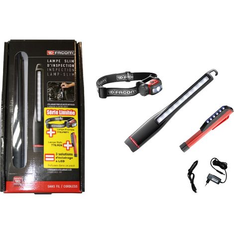 Facom – Pack de 3 lampes LED rechargeables – Lampe d'inspection extra-plate, stylo et frontale – 2 puissances jusqu'à 975 lux – Autonomie jusqu'à 10h (1/7)