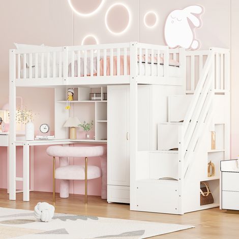 Letto a soppalco in legno massello bianco 90x200 cm con armadio, scrivania, scaffale e scala con cassetti