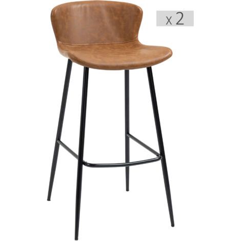 Tabourets de bar, assises en similicuir, hauteur 76 cm, avec repose-pieds et dossiers en acier, dans un style vintage marron,Lot de 2 (1/5)