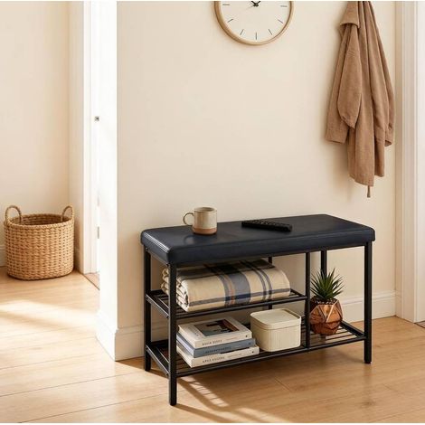 Banco zapatero con asiento (80x30x50 cm), 3 compartimentos abiertos, estructura metálica, polipiel negra (1/5)